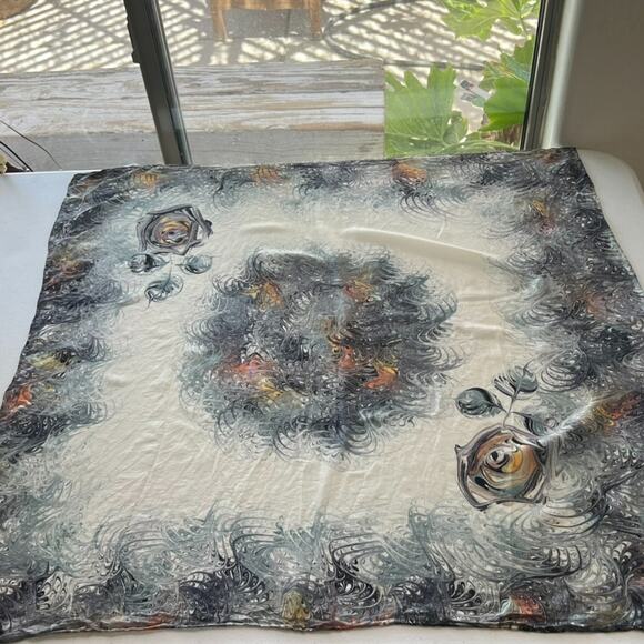 Marble Swirl Silk Scarf Hand Marbled Square Ivory Black Gray Hand Rolled Hem 30" - Picture 1 of 14